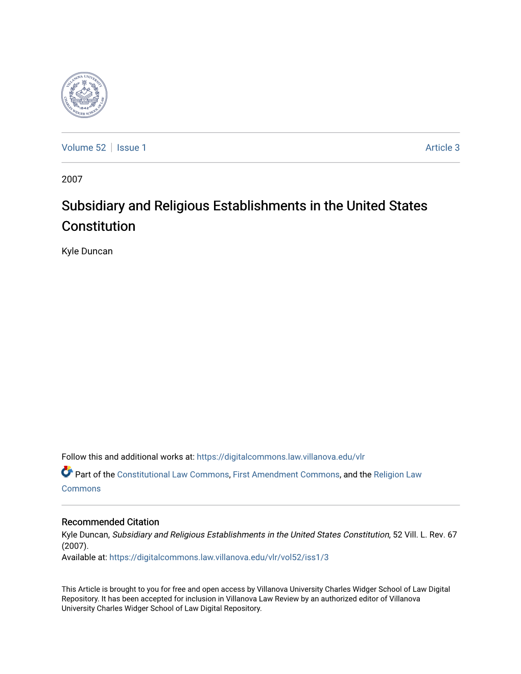 Subsidiary and Religious Establishments in the United States Constitution