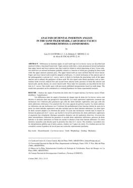 Analysis of Dental Insertion Angles in the Sand Tiger Shark, Carcharias Taurus (Chondrichthyes: Lamniformes)