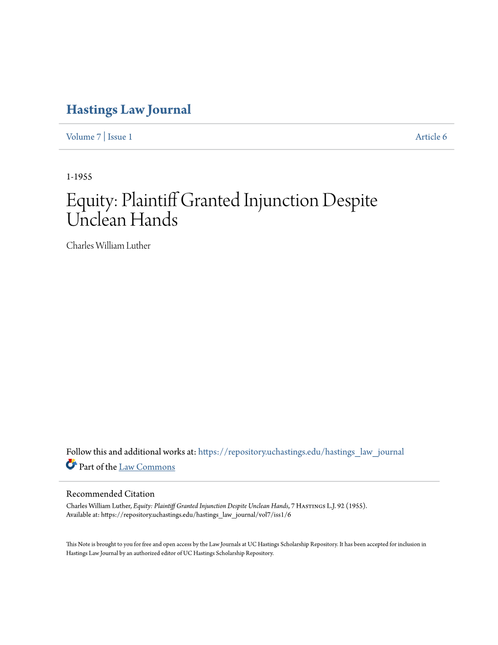 Equity: Plaintiff Granted Injunction Despite Unclean Hands Charles William Luther