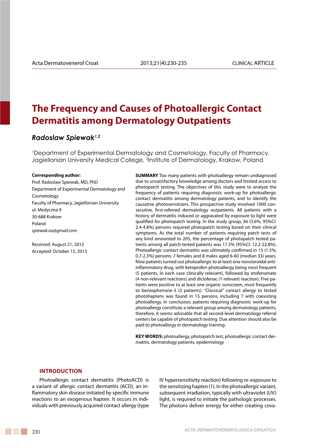 The Frequency and Causes of Photoallergic Contact Dermatitis Among Dermatology Outpatients