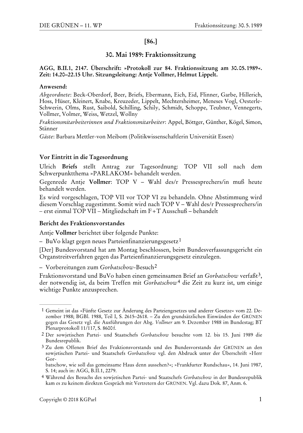 1 [86.] 30. Mai 1989: Fraktionssitzung