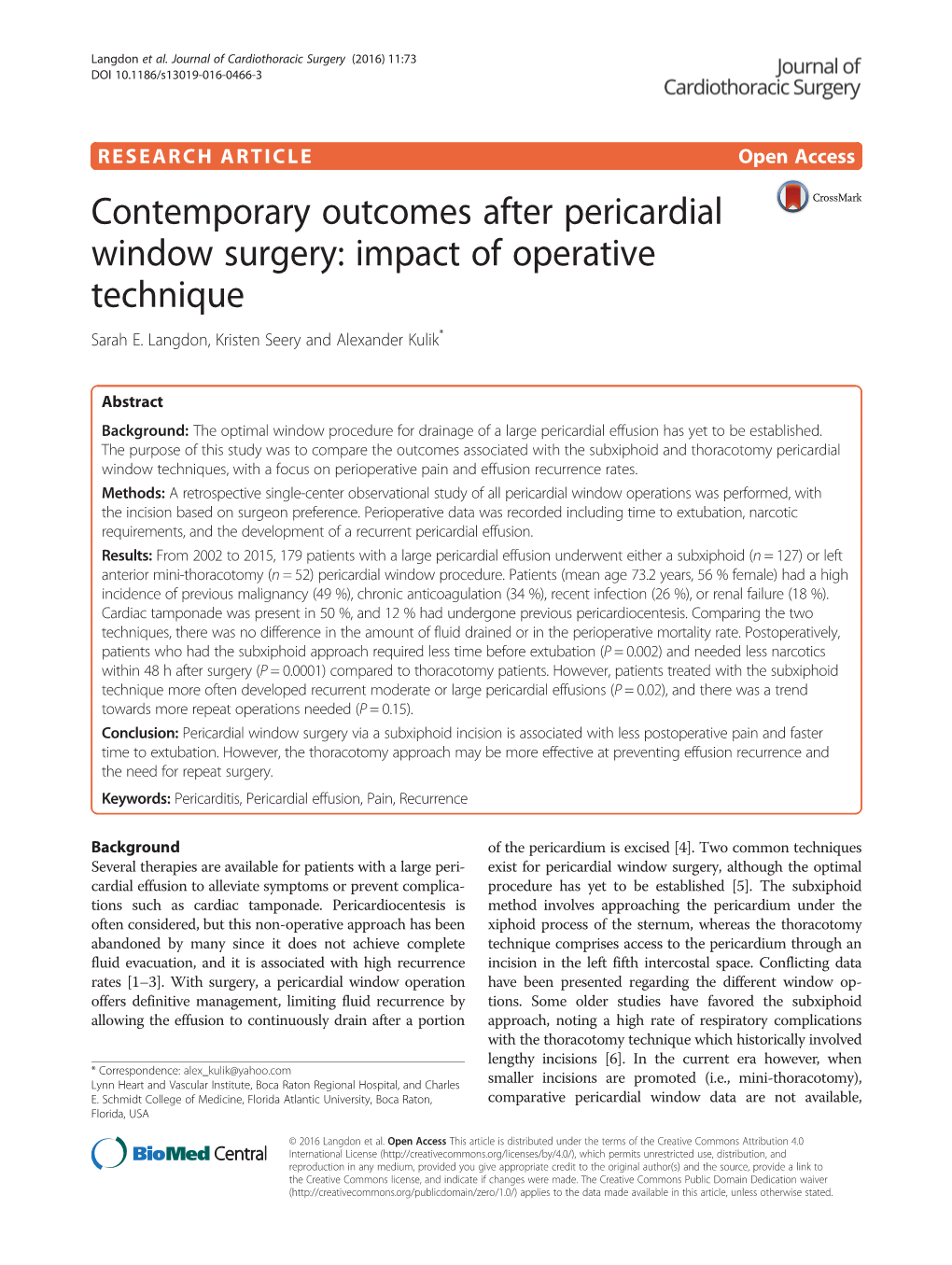 Contemporary Outcomes After Pericardial Window Surgery: Impact of Operative Technique Sarah E