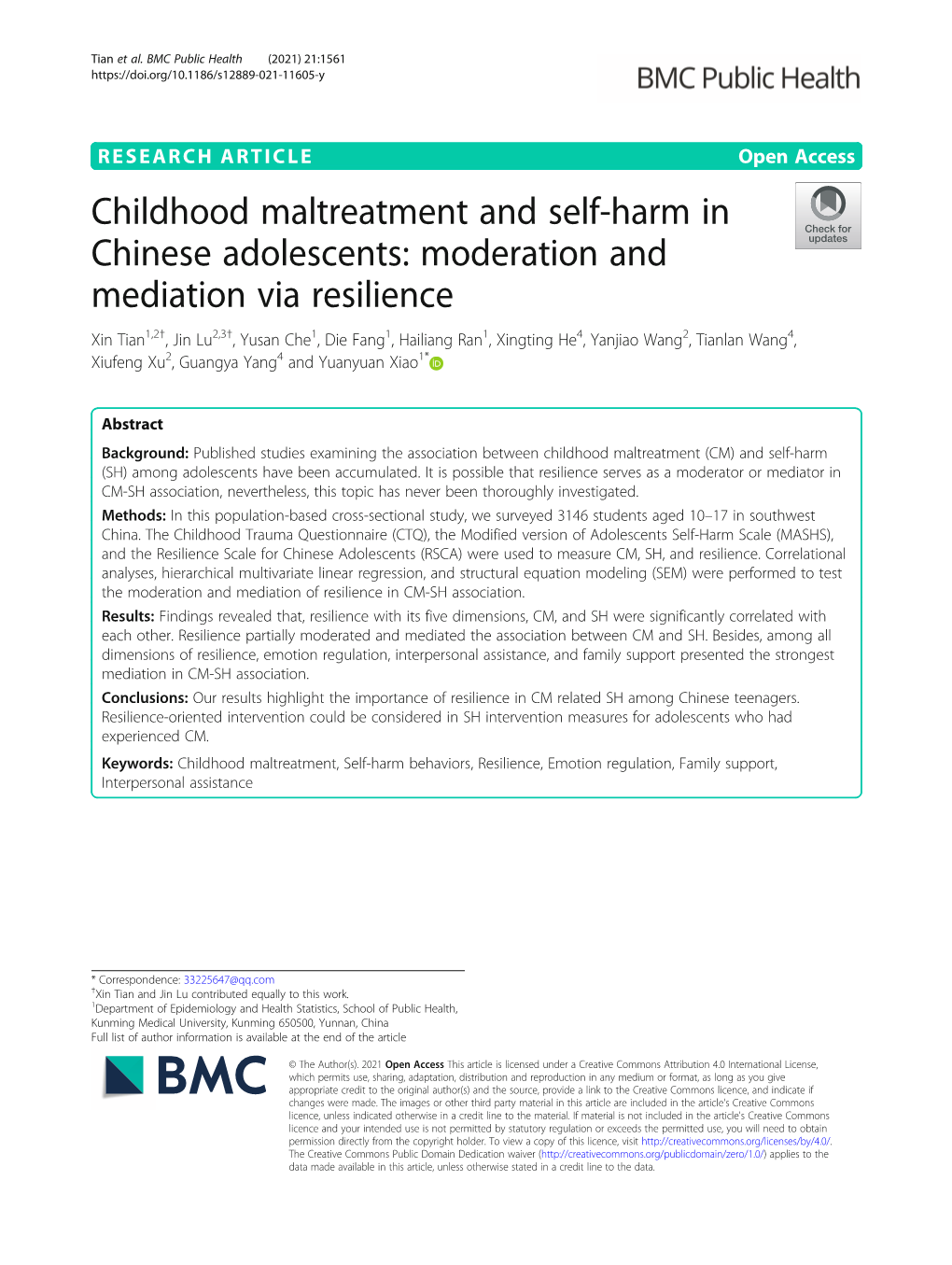 Childhood Maltreatment and Self-Harm in Chinese Adolescents