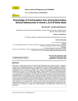 Knowledge of Contraceptive Use Among Secondary School Adolescents in Uvwie L.G.A of Delta State