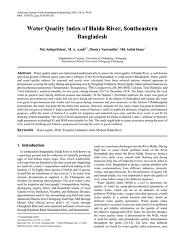 Water Quality, WQI, Weighted Arithmetic Index Method, Halda River