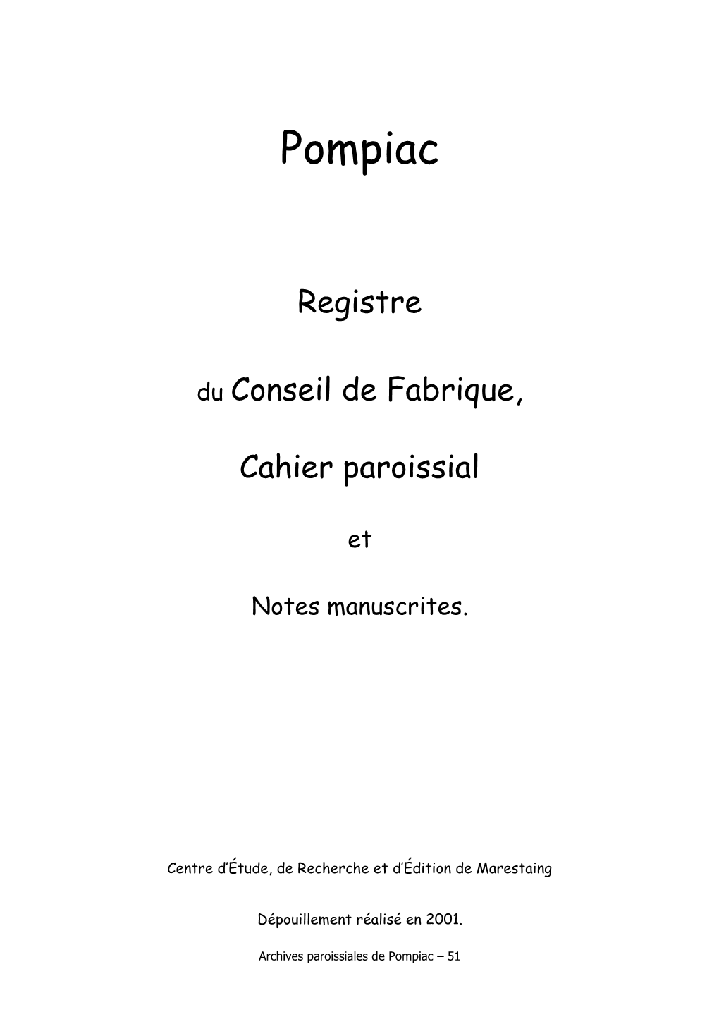 Cahier De La Fabrique De L'église De Pompiac