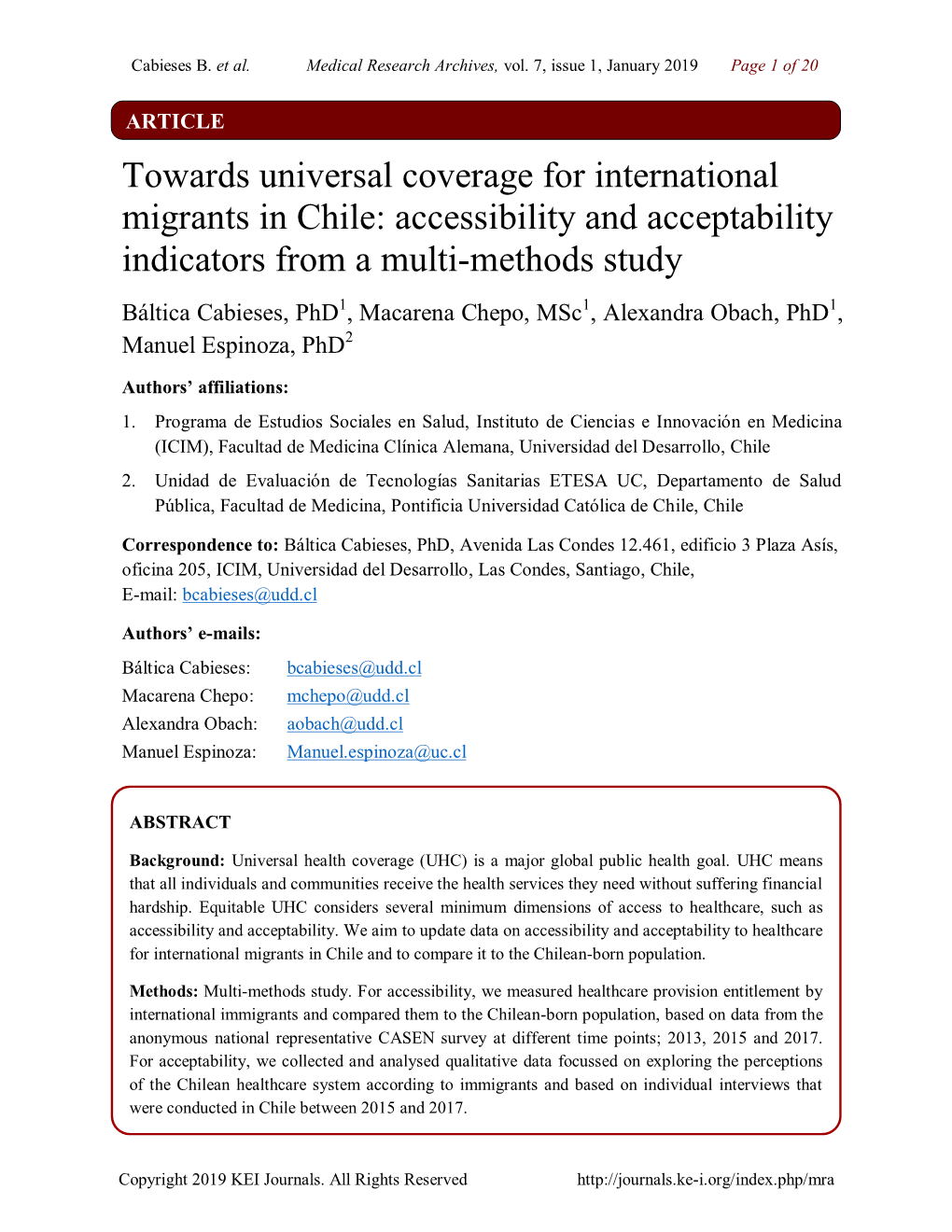 Towards Universal Coverage for International Migrants in Chile: Accessibility and Acceptability Indicators from a Multi-Methods