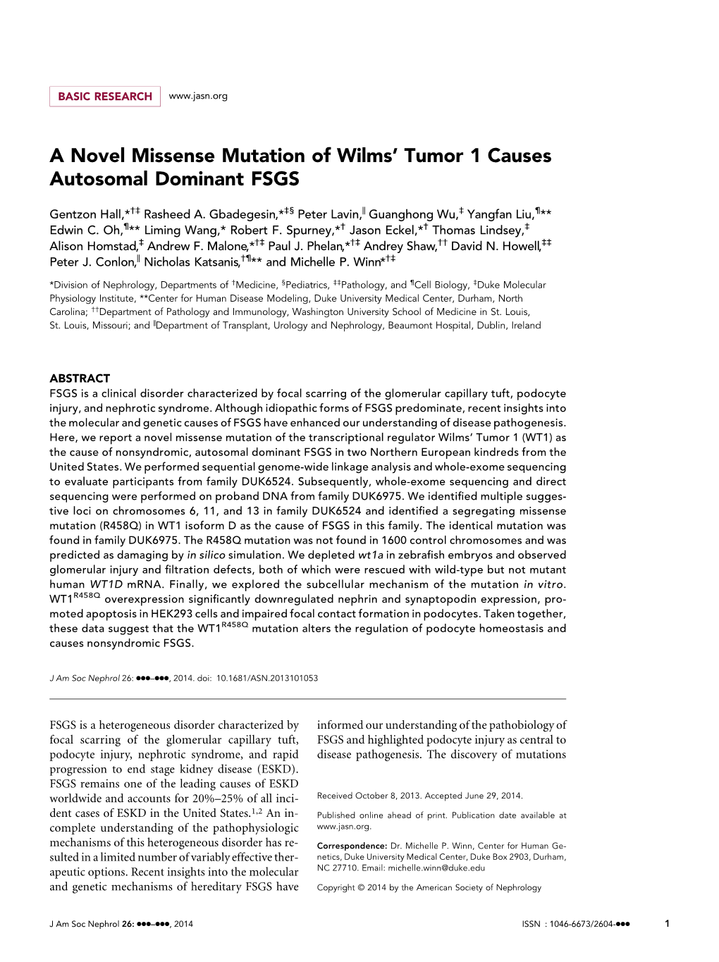 A Novel Missense Mutation of Wilms' Tumor 1 Causes Autosomal