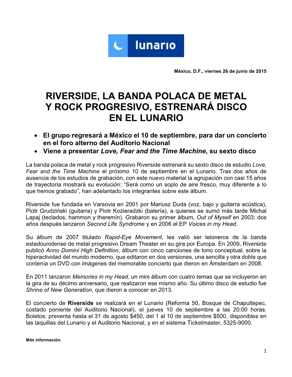 Riverside, La Banda Polaca De Metal Y Rock Progresivo, Estrenará Disco En El Lunario