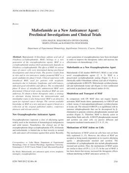 Mafosfamide As a New Anticancer Agent: Preclinical Investigations and Clinical Trials