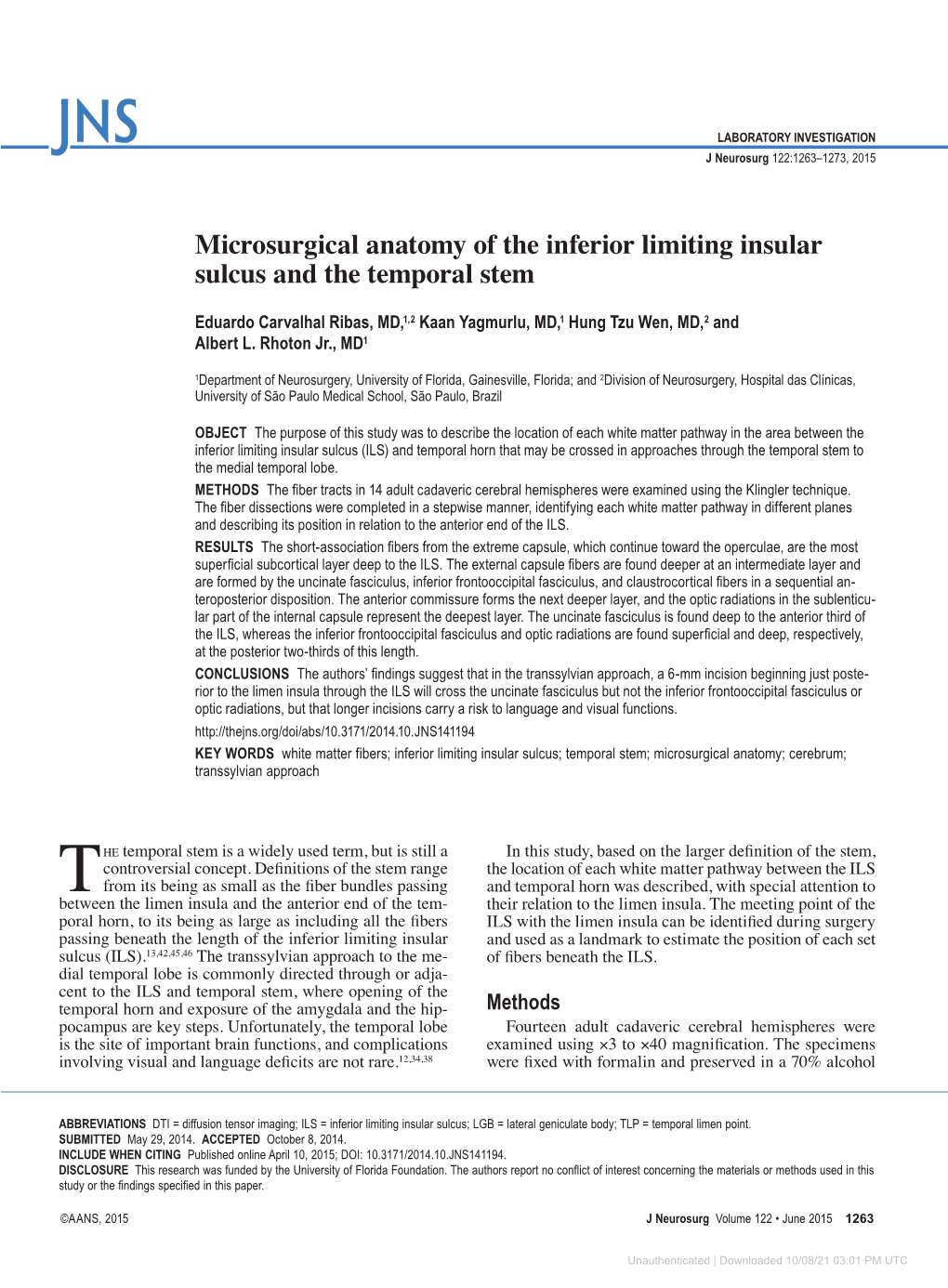 Microsurgical Anatomy of the Inferior Limiting Insular Sulcus and the Temporal Stem