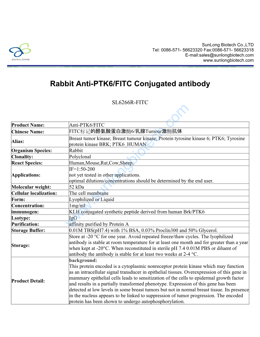 Rabbit Anti-PTK6/FITC Conjugated Antibody-SL6266R-FITC