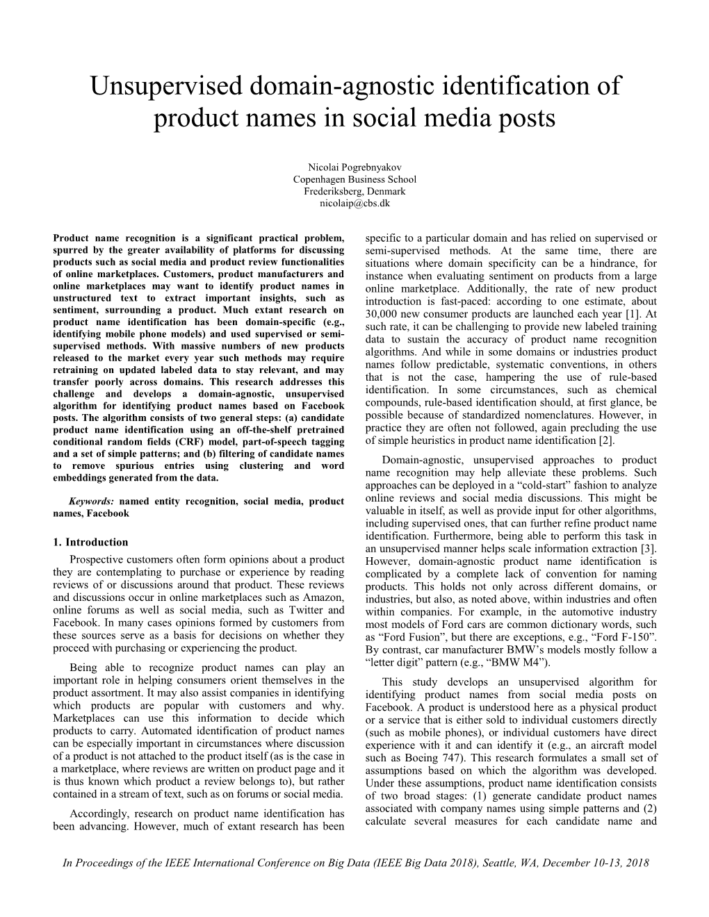 Unsupervised Domain-Agnostic Identification of Product Names in Social Media Posts