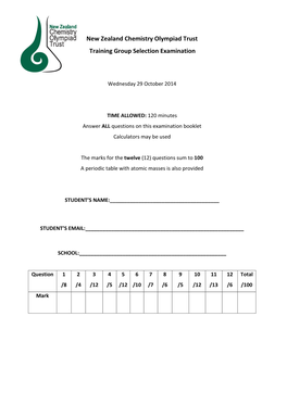 New Zealand Chemistry Olympiad Trust Training Group Selection Examination