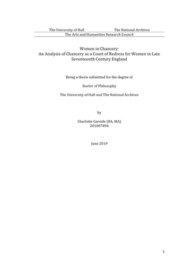 Women in Chancery: an Analysis of Chancery As a Court of Redress for Women in Late Seventeenth Century England