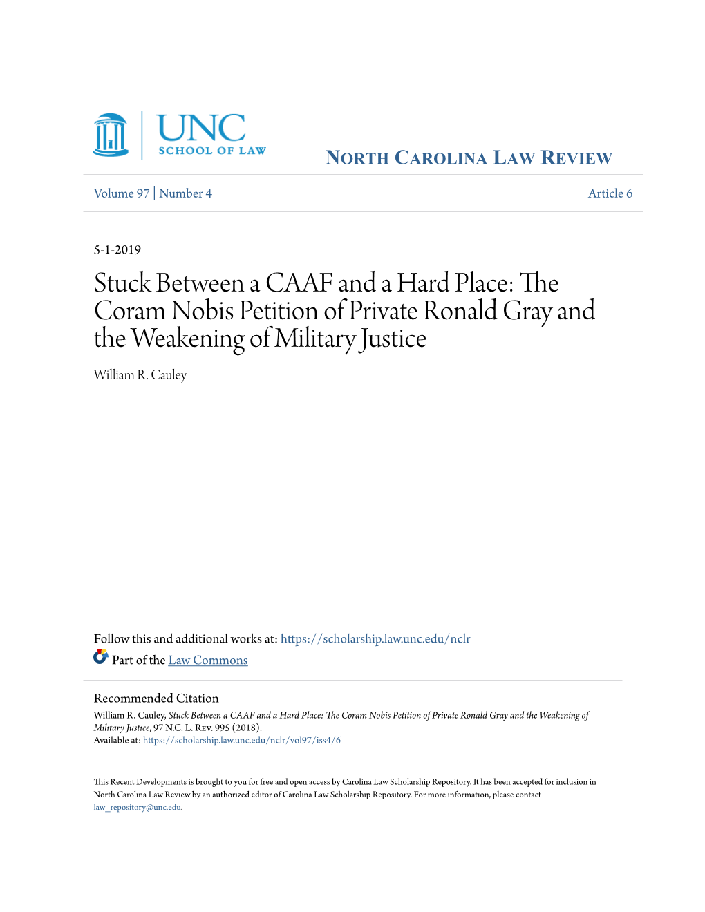 The Coram Nobis Petition of Private Ronald Gray and the Weakening of Military Justice William R