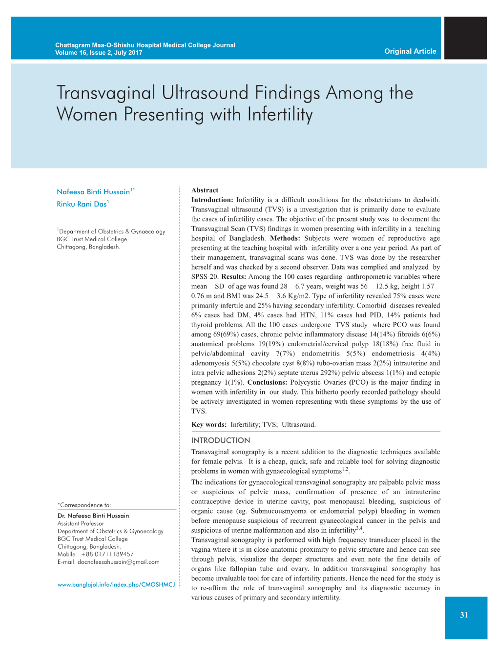 Transvaginal Ultrasound Findings Among the Women Presenting with Infertility