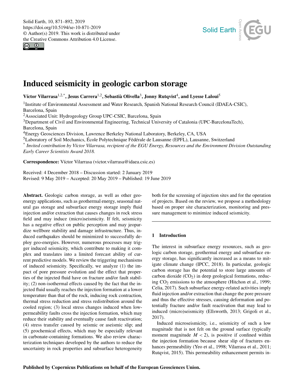 Induced Seismicity in Geologic Carbon Storage