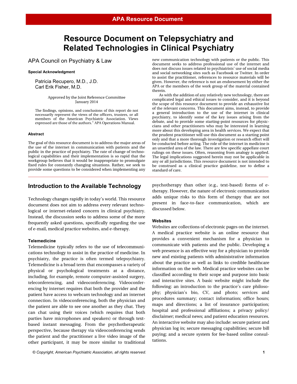 Resource Document on Telepsychiatry and Related Technologies in Clinical Psychiatry