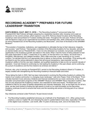 Recording Academy™ Prepares for Future Leadership Transition