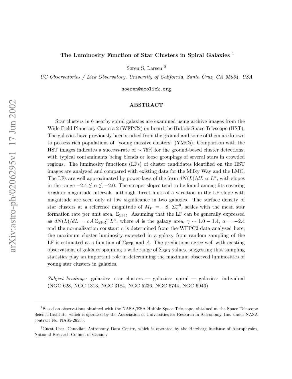 Arxiv:Astro-Ph/0206295V1 17 Jun 2002 Cec Nttt,Wihi Prtdb H Soito Fu of Association NAS5-26555