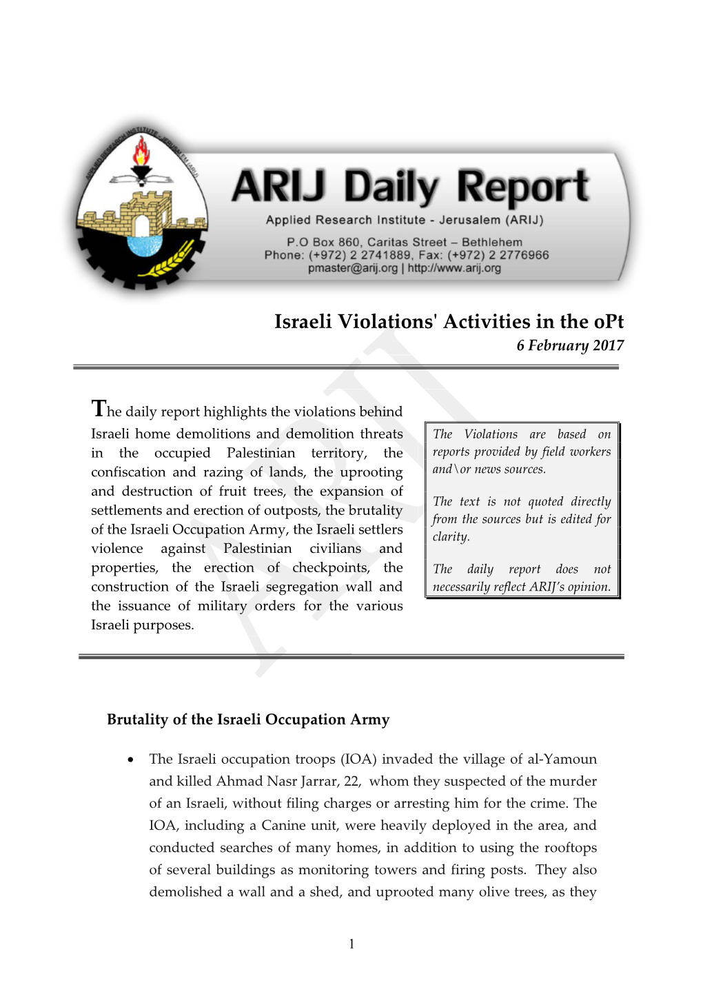 Israeli Violations' Activities in the Opt 6 February 2017