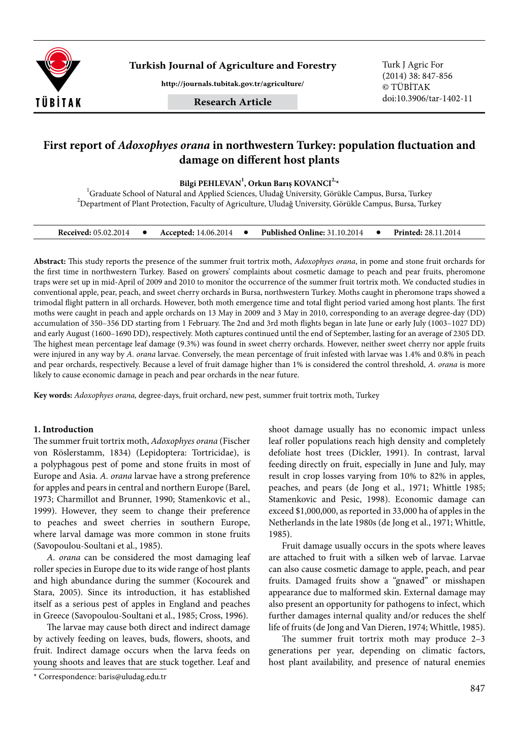 First Report of Adoxophyes Orana in Northwestern Turkey: Population Fluctuation and Damage on Different Host Plants