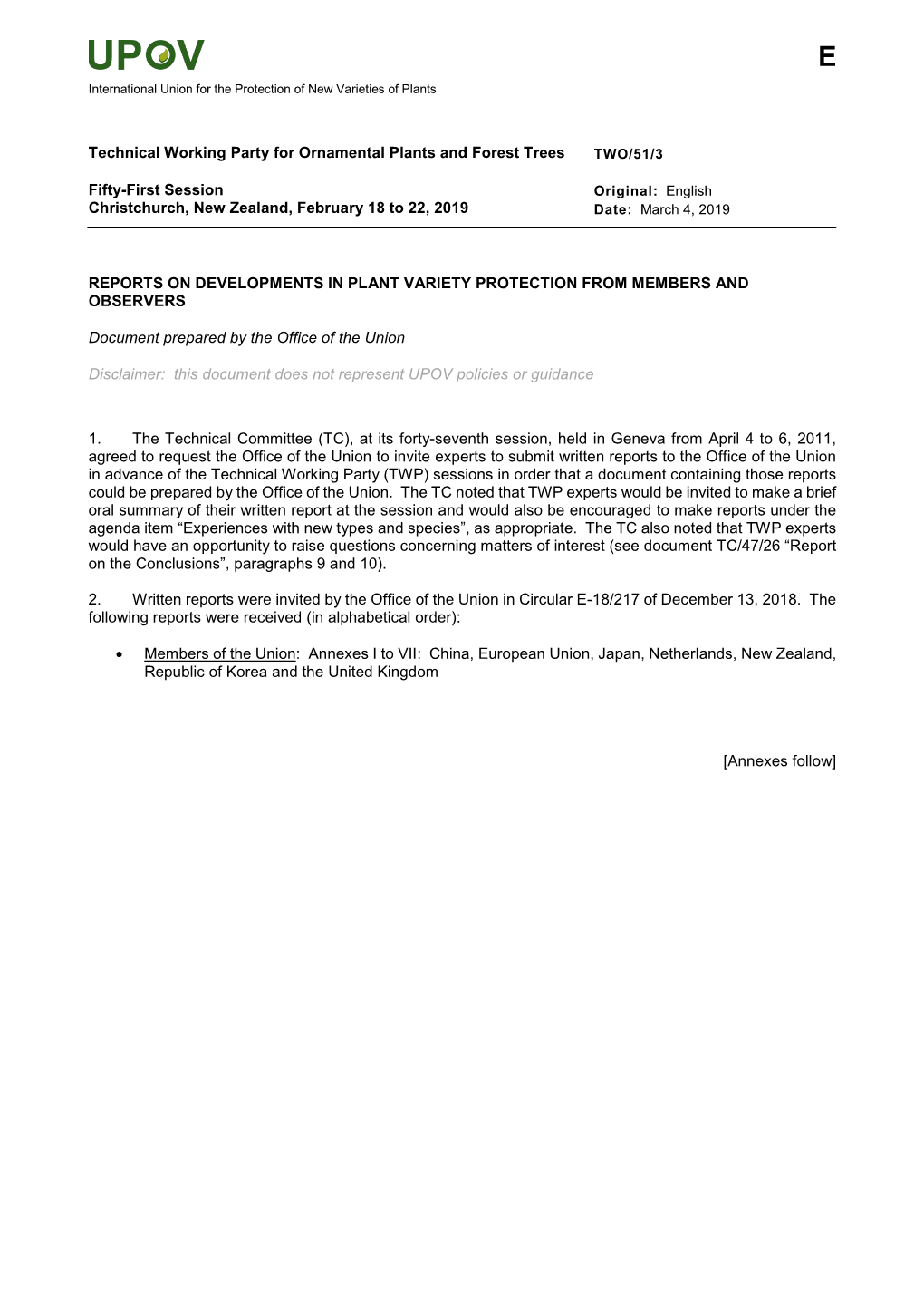 Technical Working Party for Ornamental Plants and Forest Trees TWO/51/3