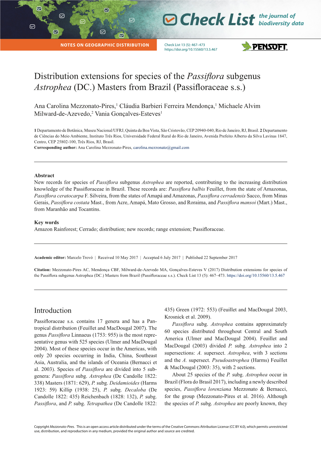 Distribution Extensions for Species of the Passiflora Subgenus Astrophea (DC.) Masters from Brazil (Passifloraceae S.S.)