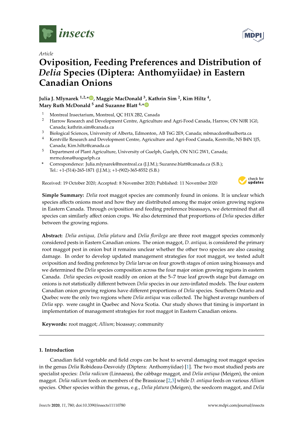 Oviposition, Feeding Preferences and Distribution of Delia Species (Diptera: Anthomyiidae) in Eastern Canadian Onions