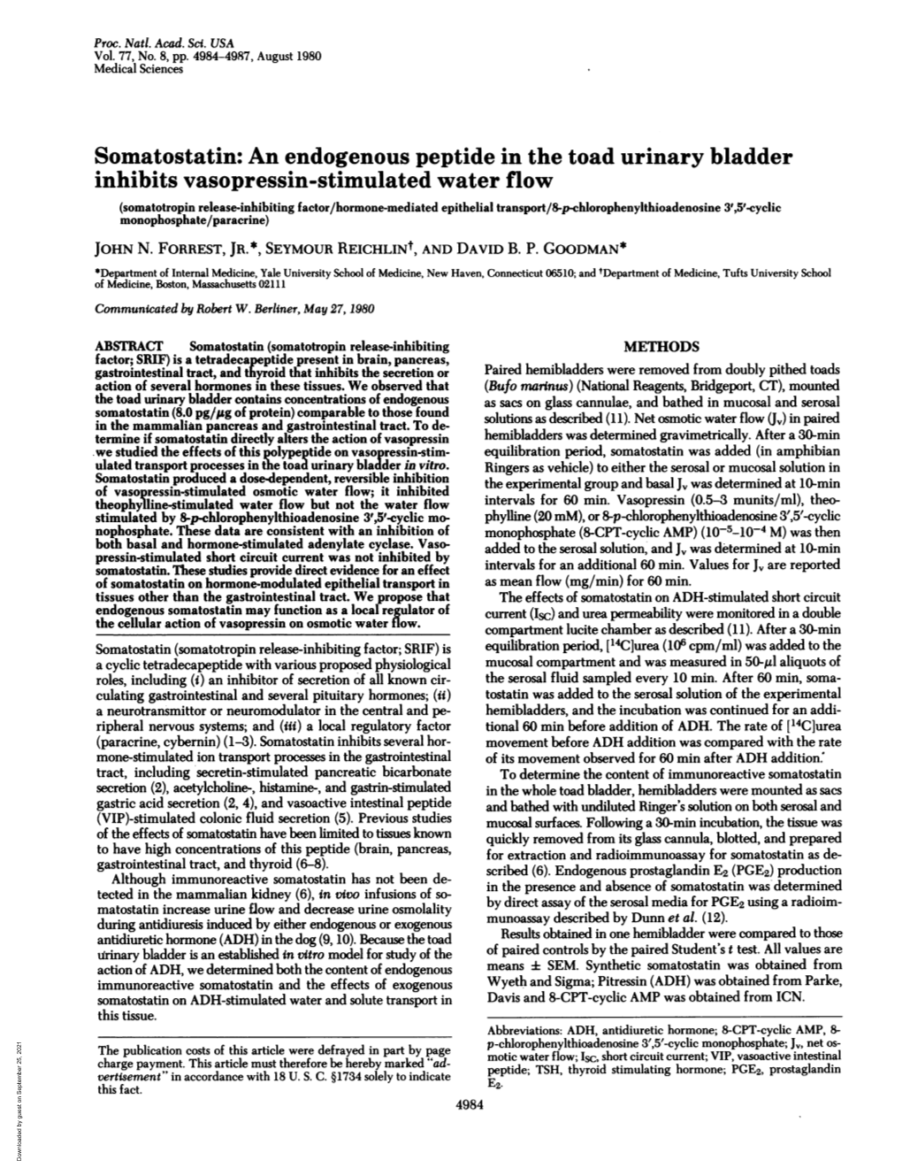 Somatostatin: an Endogenous Peptide in the Toad Urinary Bladder Inhibits