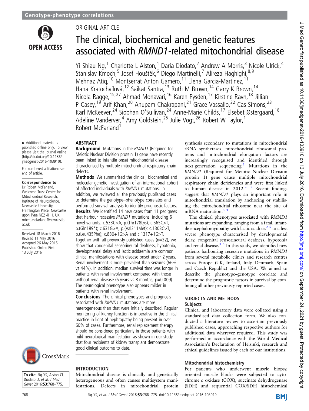 The Clinical, Biochemical and Genetic Features Associated with RMND1