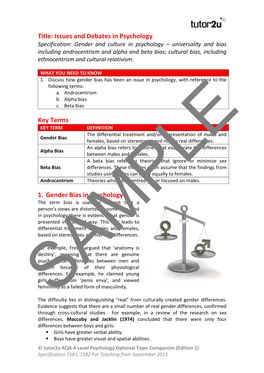 Issues and Debates in Psychology Key Terms 1. Gender Bias In