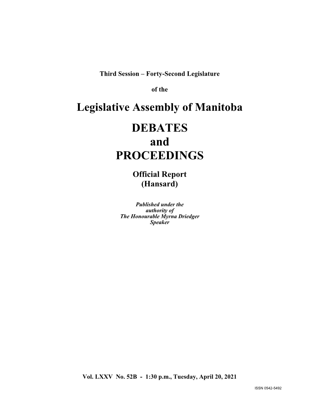 Legislative Assembly of Manitoba DEBATES and PROCEEDINGS