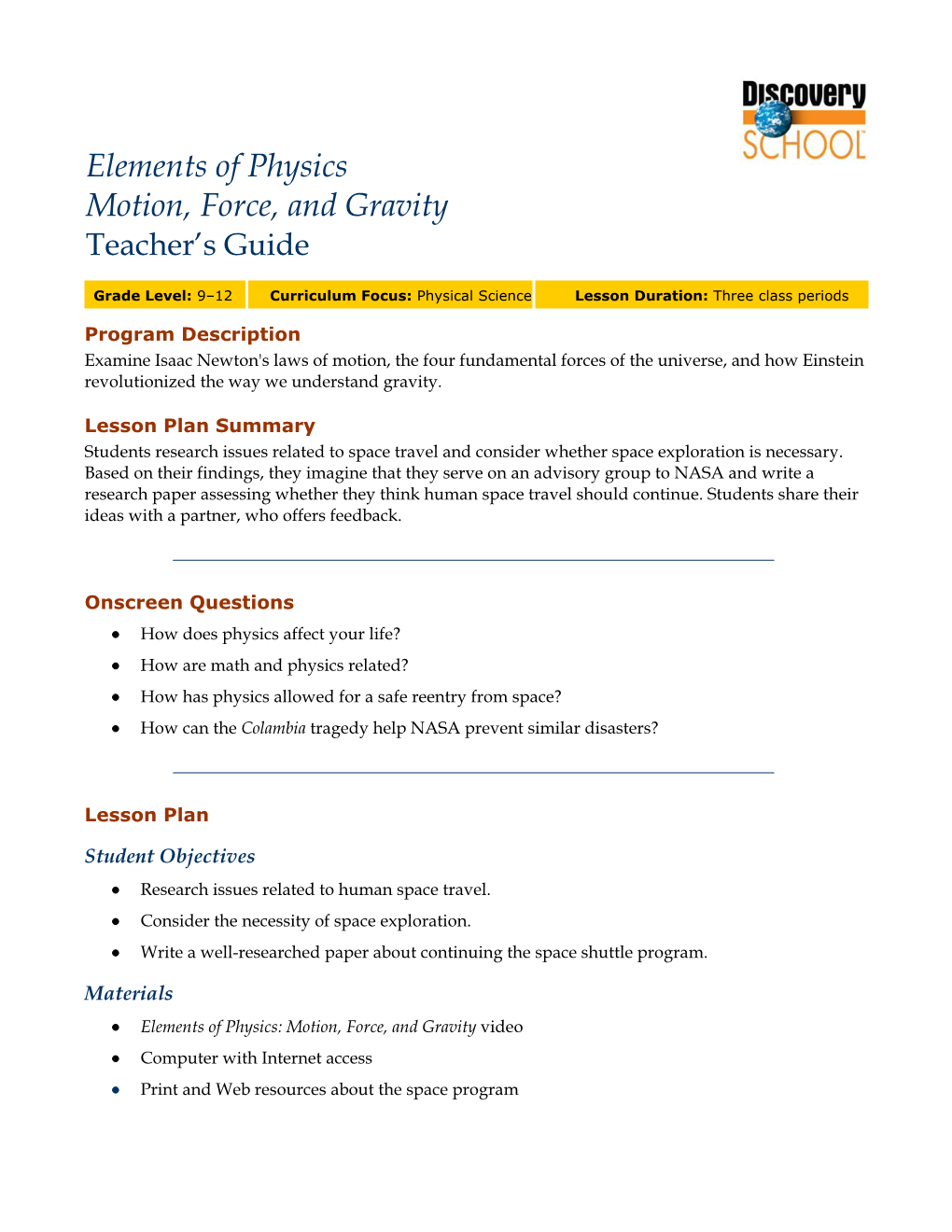 Elements of Physics Motion, Force, and Gravity