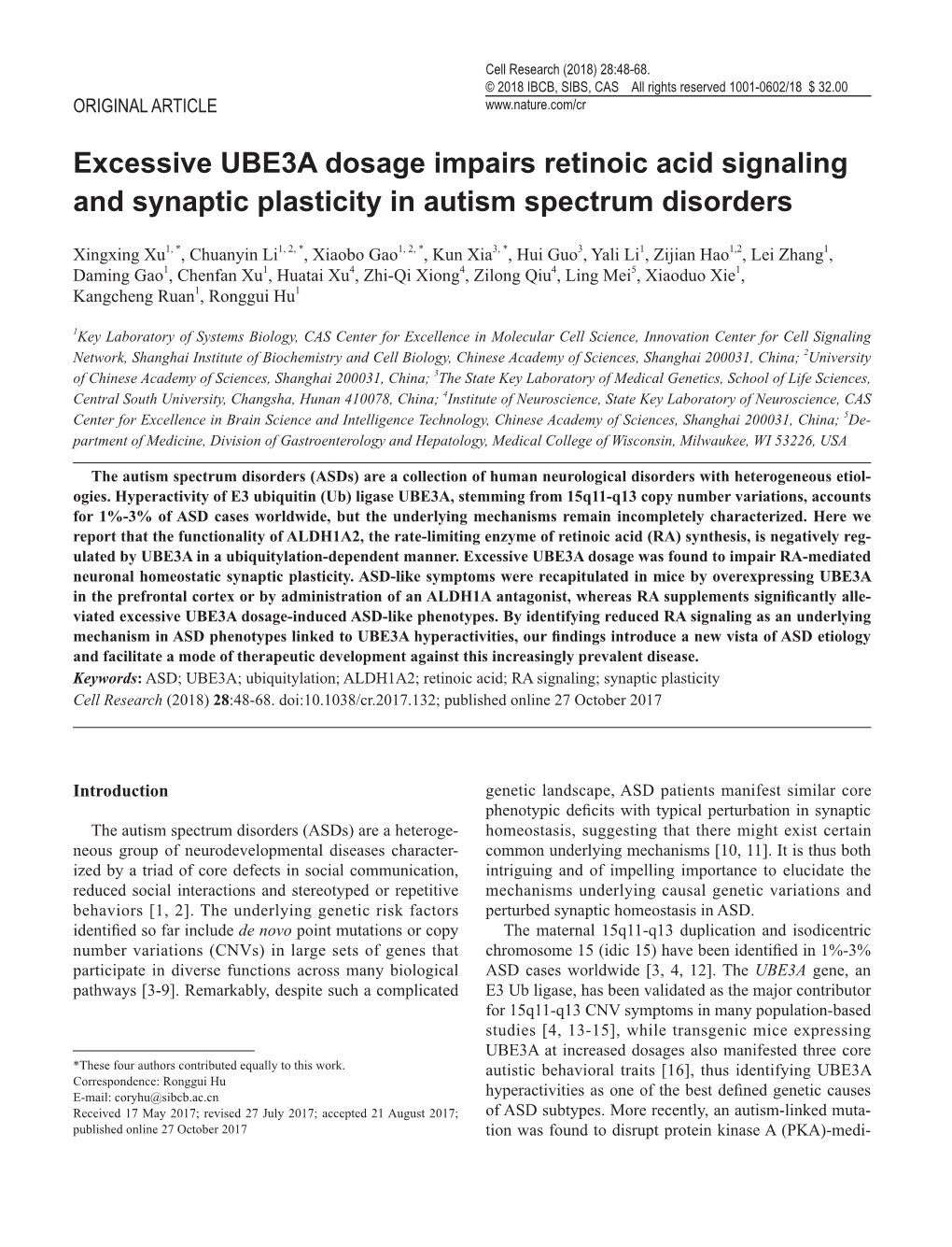 Excessive UBE3A Dosage Impairs Retinoic Acid Signaling and Synaptic Plasticity in Autism Spectrum Disorders