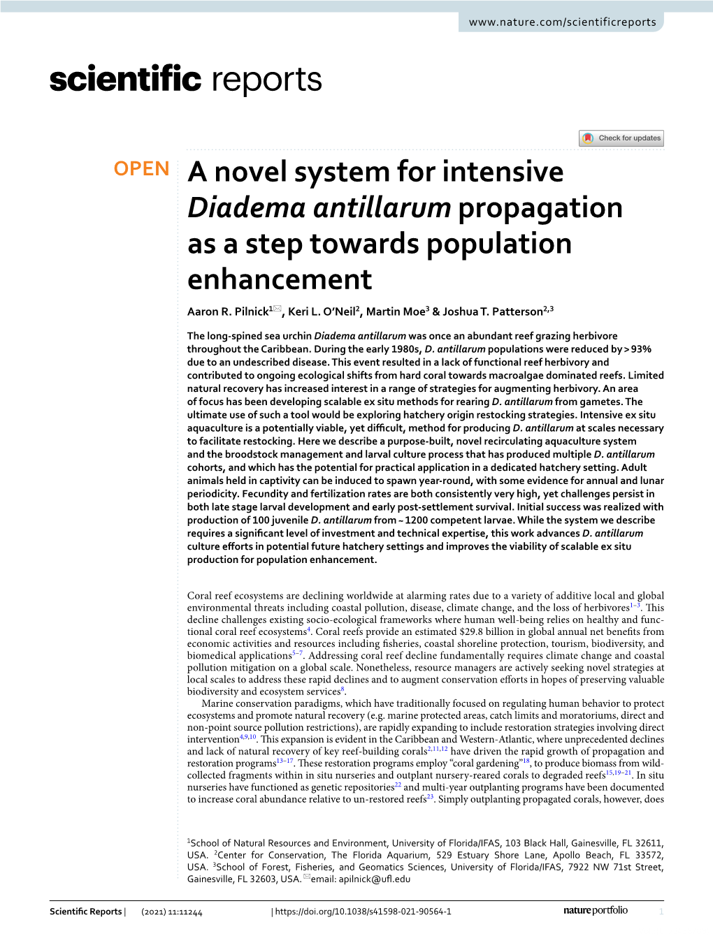 A Novel System for Intensive Diadema Antillarum Propagation As a Step Towards Population Enhancement Aaron R