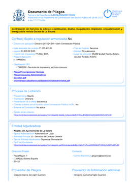 Documento De Pliegos Número De Expediente LASOLANA2021/10224 Publicado En La Plataforma De Contratación Del Sector Público El 29-06-2021 a Las 11:11 Horas