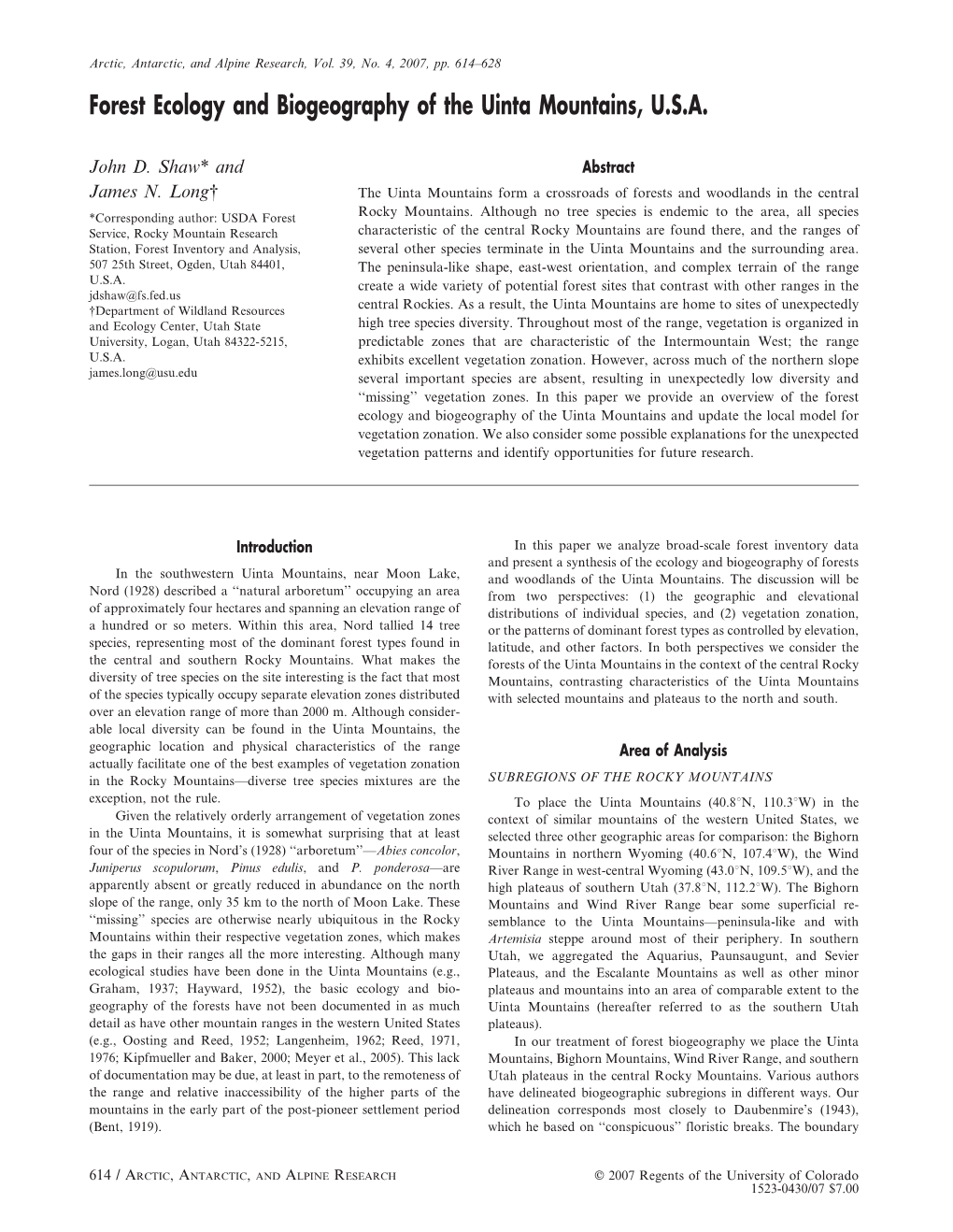 Forest Ecology and Biogeography of the Uinta Mountains, U.S.A