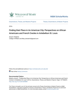 Finding Their Place in an American City: Perspectives on African Americans and French Creoles in Antebellum St