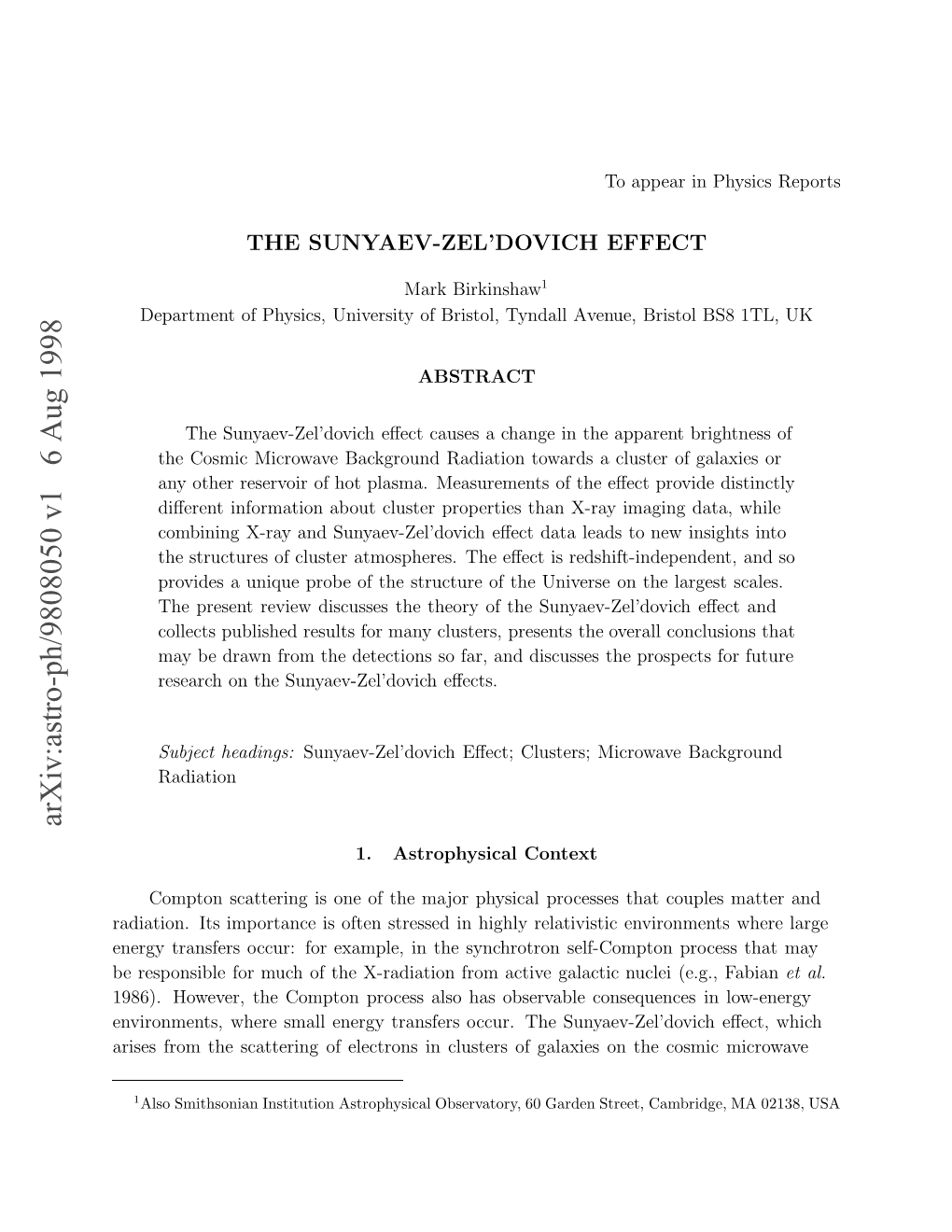 Arxiv:Astro-Ph/9808050 V1 6 Aug 1998 Rssfo H Cteigo Lcrn Ncutr Fgalax of Clusters in Electrons of Suny Scattering the the Con Occur