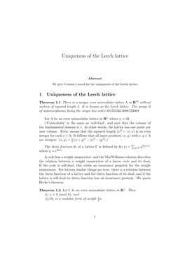 Uniqueness of the Leech Lattice