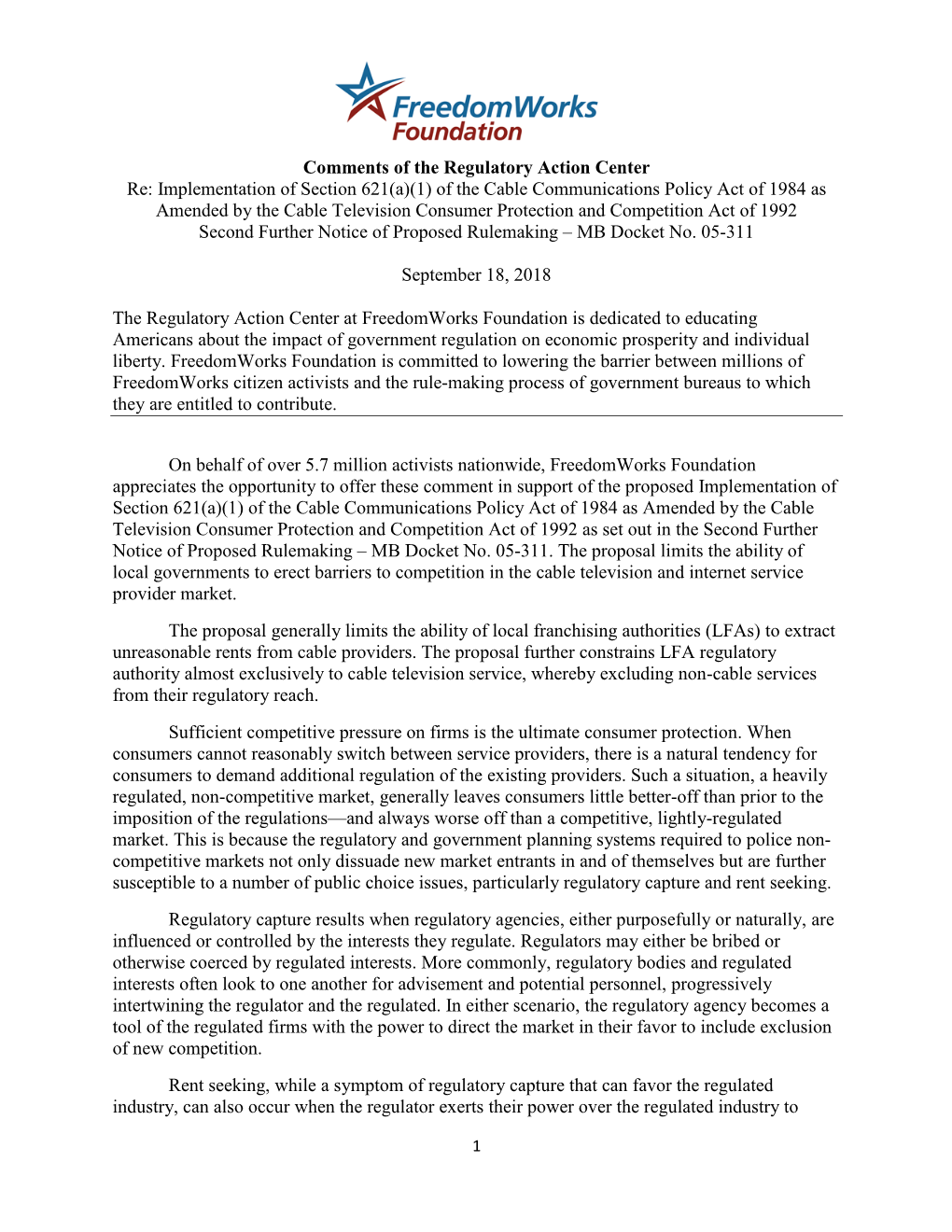 Comments of the Regulatory Action Center Re: Implementation of Section 621(A)(1) of the Cable Communications Policy Act of 1984