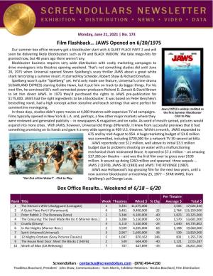 Film Flashback… JAWS Opened on 6/20/1975 Box Office Results