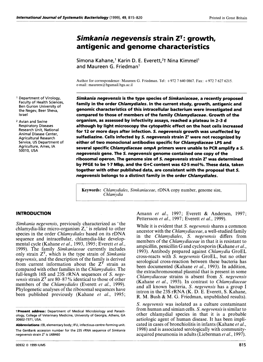 Simkania Negevensis Strain ZT: Growth, Antigenic and Genome Characteristics