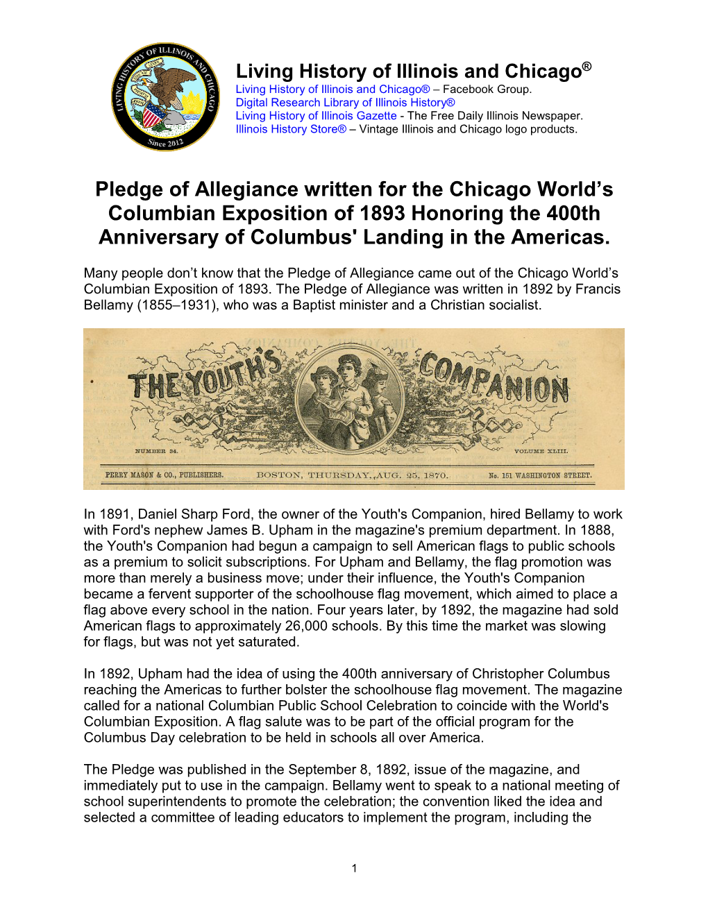 Pledge of Allegiance Written for the Chicago World’S Columbian Exposition of 1893 Honoring the 400Th Anniversary of Columbus' Landing in the Americas