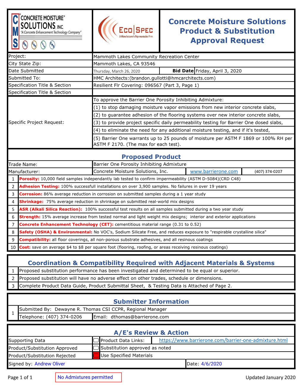 Concrete Moisture Solutions Product & Substitution Approval Request