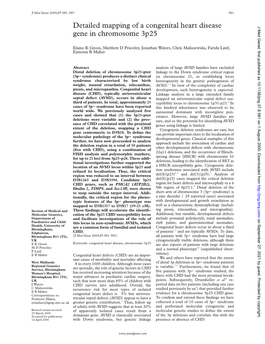 Detailed Mapping of a Congenital Heart Disease Gene in Chromosome