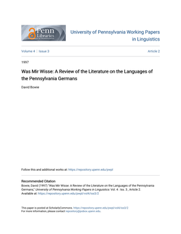 A Review of the Literature on the Languages of the Pennsylvania Germans