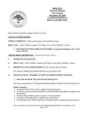 MINUTES Town of Atherton City Council November 18, 2020 CLOSED SESSION & REGULAR MEETING